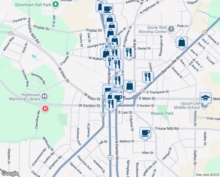map of restaurants, bars, coffee shops, grocery stores, and more near 206 N Church St in Thomaston