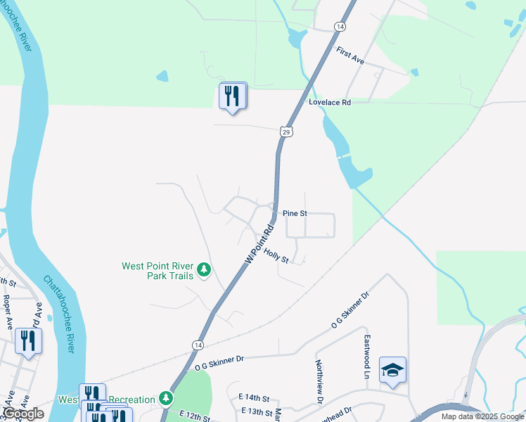 map of restaurants, bars, coffee shops, grocery stores, and more near 1806 U.S. 29 in West Point