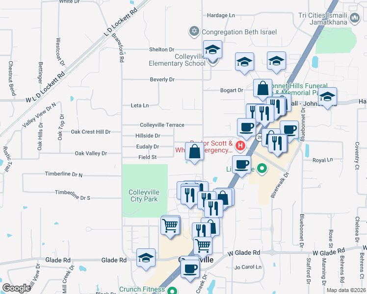 map of restaurants, bars, coffee shops, grocery stores, and more near 5412 South Drive in Colleyville
