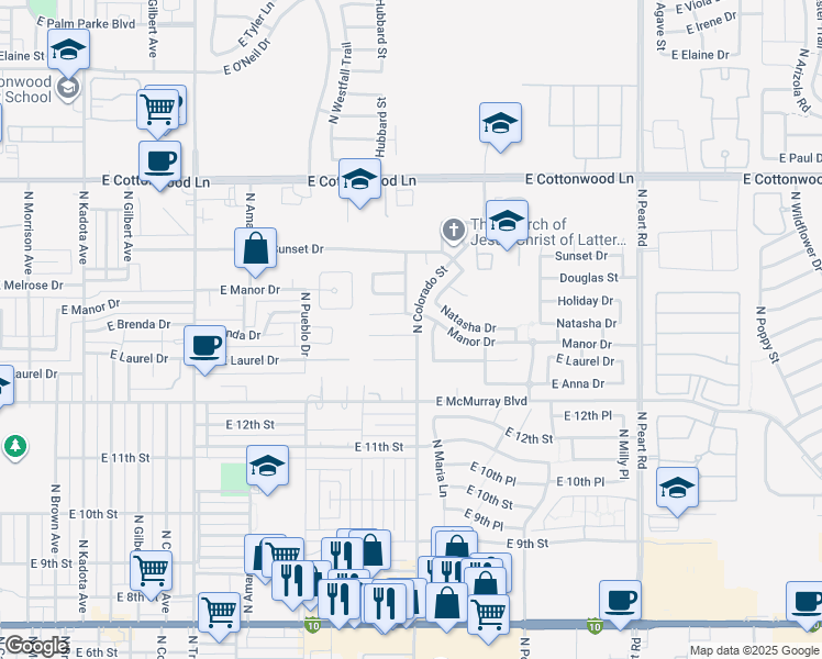 map of restaurants, bars, coffee shops, grocery stores, and more near 1298 East Brenda Drive in Casa Grande