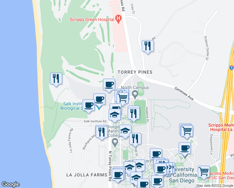 map of restaurants, bars, coffee shops, grocery stores, and more near 10000 North Torrey Pines Road in San Diego