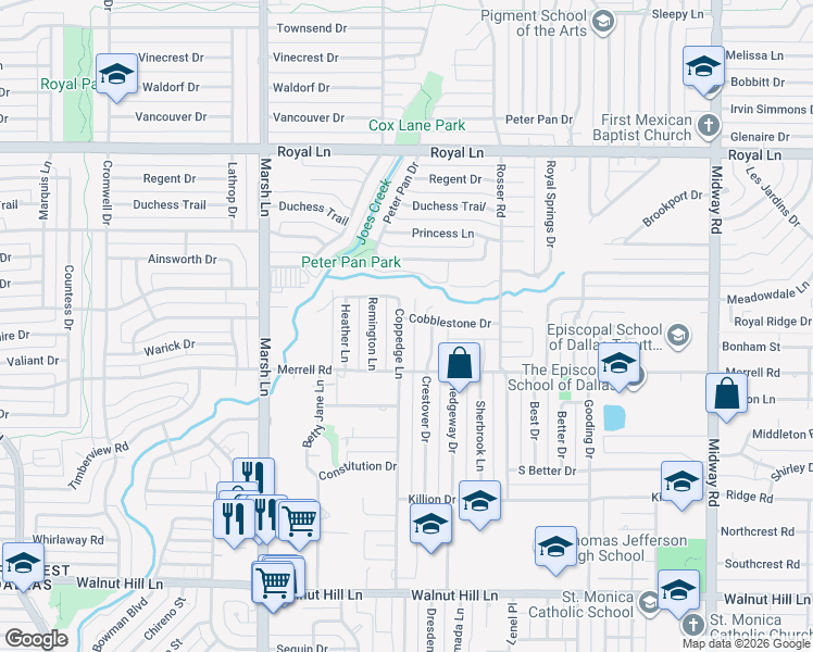 map of restaurants, bars, coffee shops, grocery stores, and more near 10442 Coppedge Lane in Dallas