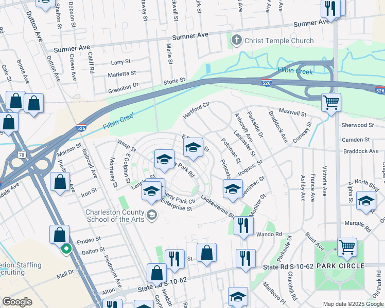 map of restaurants, bars, coffee shops, grocery stores, and more near 5197 Celtic Drive in North Charleston
