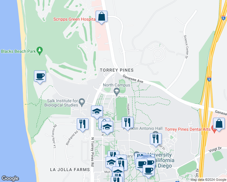 map of restaurants, bars, coffee shops, grocery stores, and more near North Point Lane in San Diego