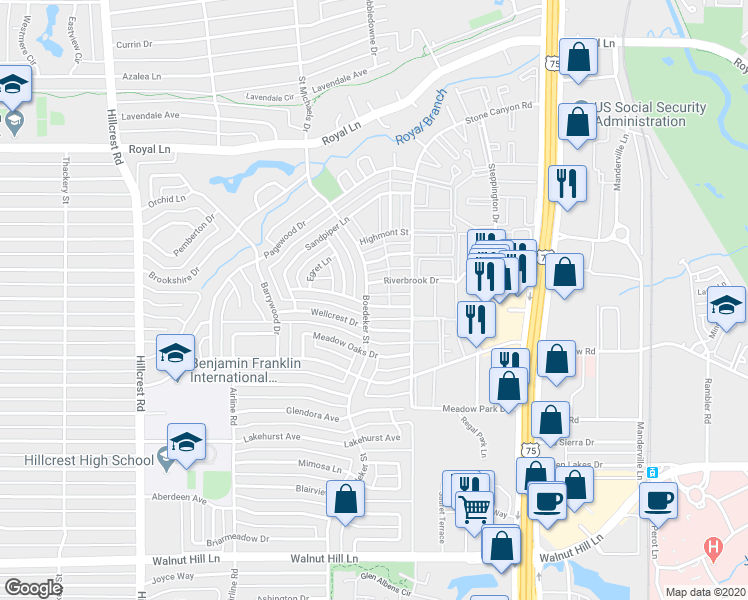 map of restaurants, bars, coffee shops, grocery stores, and more near 7502 Woodthrush Drive in Dallas