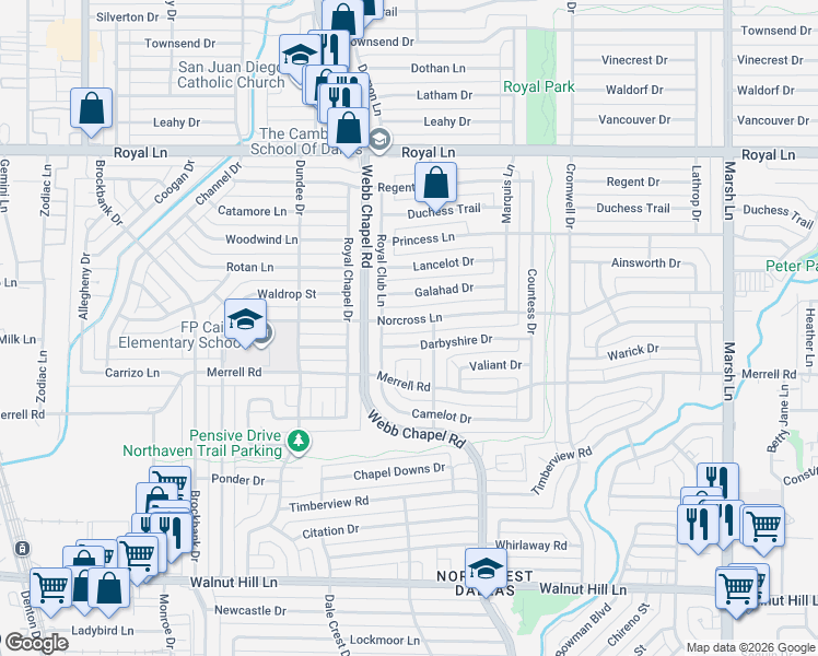 map of restaurants, bars, coffee shops, grocery stores, and more near 3235 Darbyshire Drive in Dallas