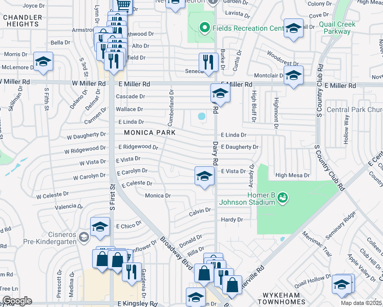 map of restaurants, bars, coffee shops, grocery stores, and more near 627 East Ridgewood Drive in Garland