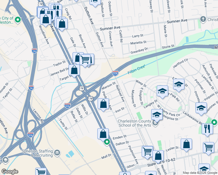 map of restaurants, bars, coffee shops, grocery stores, and more near 1910 Lakewood Street in North Charleston