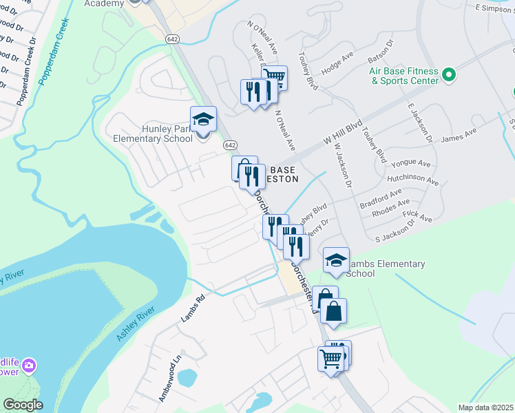 map of restaurants, bars, coffee shops, grocery stores, and more near 6995 Dorchester Road in North Charleston