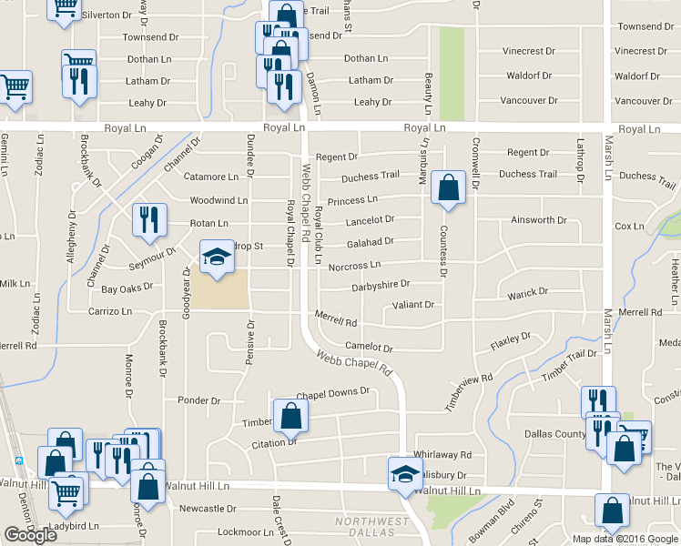 map of restaurants, bars, coffee shops, grocery stores, and more near 3235 Darbyshire Drive in Dallas