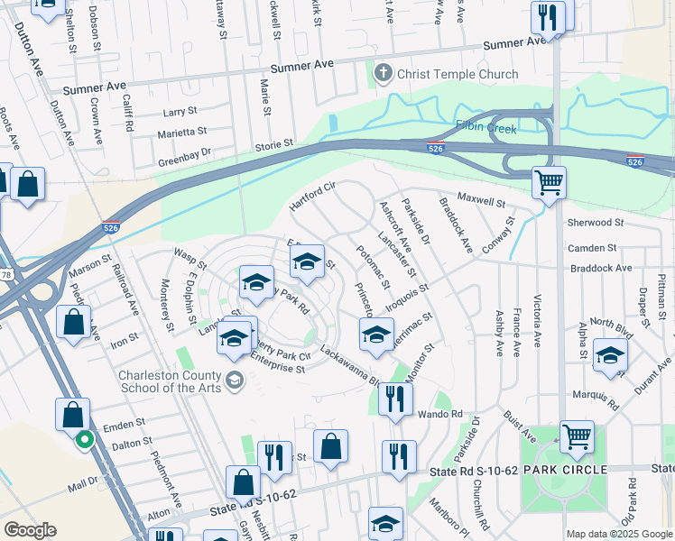 map of restaurants, bars, coffee shops, grocery stores, and more near 5296 East Dolphin Street in North Charleston