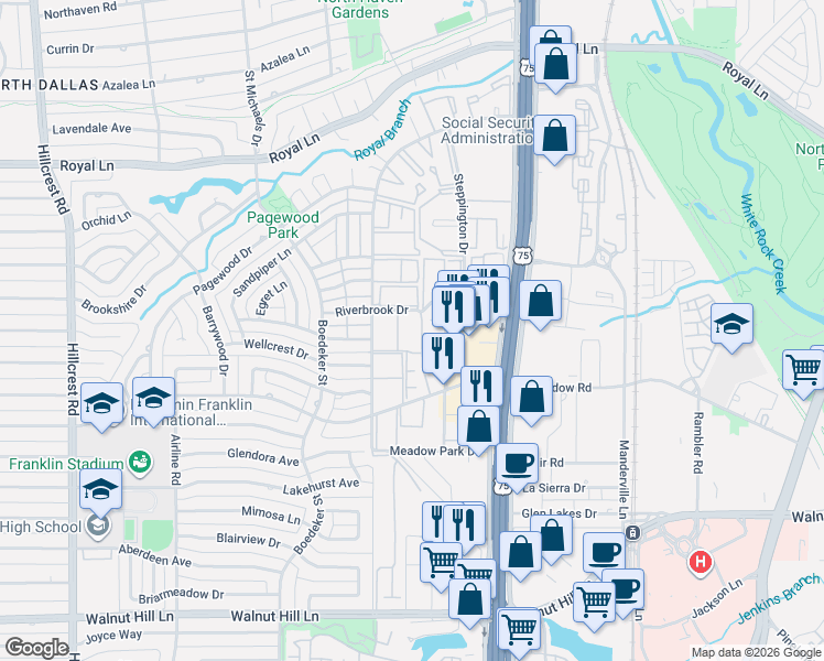 map of restaurants, bars, coffee shops, grocery stores, and more near 10530 High Hollows Drive in Dallas