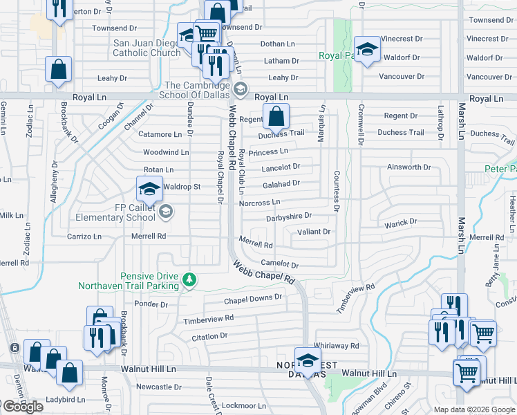 map of restaurants, bars, coffee shops, grocery stores, and more near 3234 Norcross Lane in Dallas