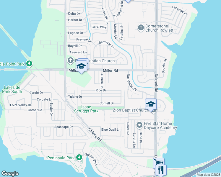 map of restaurants, bars, coffee shops, grocery stores, and more near 7921 Rice Drive in Rowlett