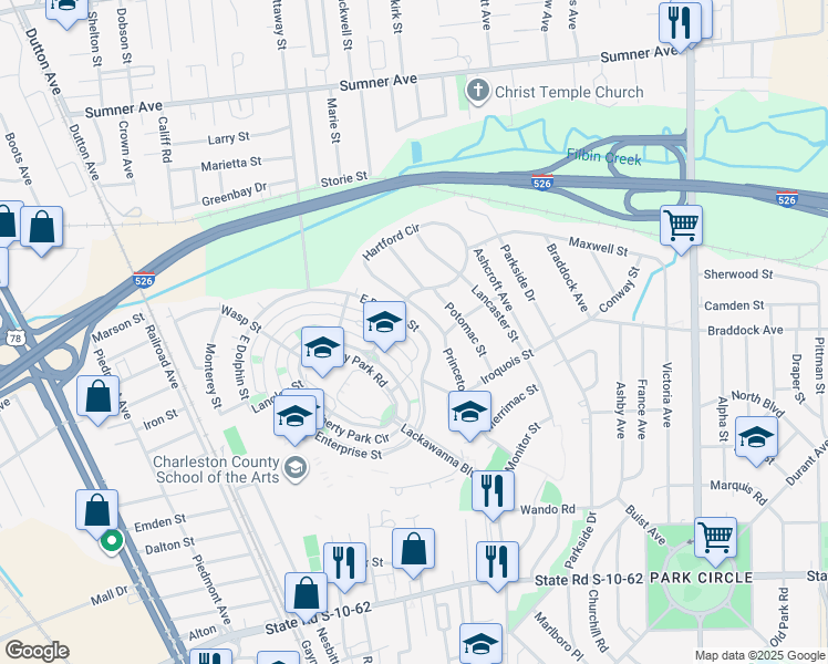 map of restaurants, bars, coffee shops, grocery stores, and more near 5296 East Dolphin Street in North Charleston