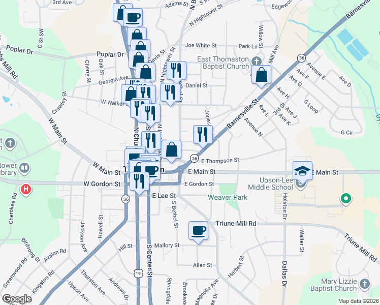 map of restaurants, bars, coffee shops, grocery stores, and more near 201 Barnesville Street in Thomaston