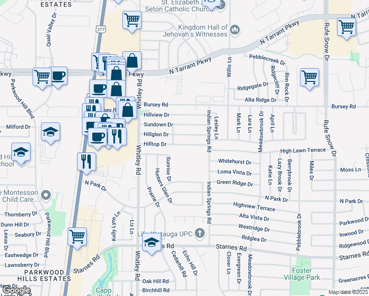 map of restaurants, bars, coffee shops, grocery stores, and more near 6016 Hilltop Drive in Watauga