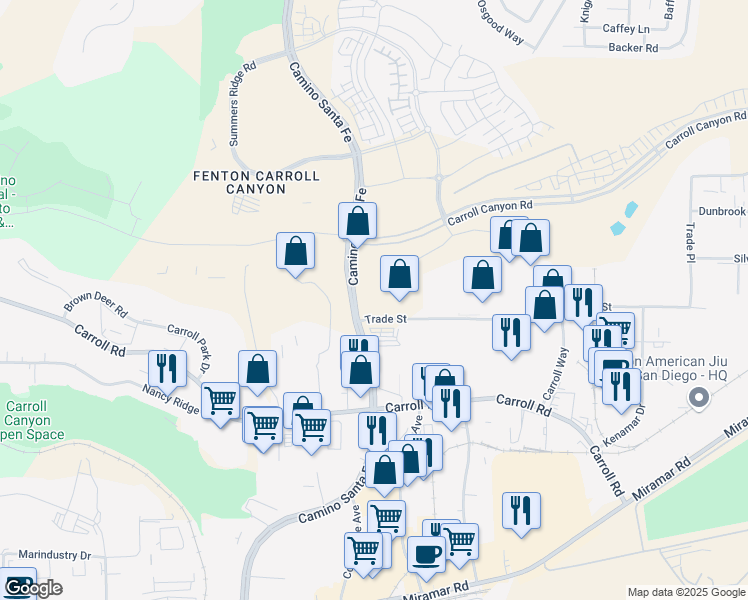 map of restaurants, bars, coffee shops, grocery stores, and more near 7220 Trade Street in San Diego