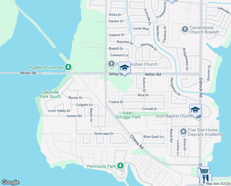 map of restaurants, bars, coffee shops, grocery stores, and more near 2809 Rice Drive in Rowlett
