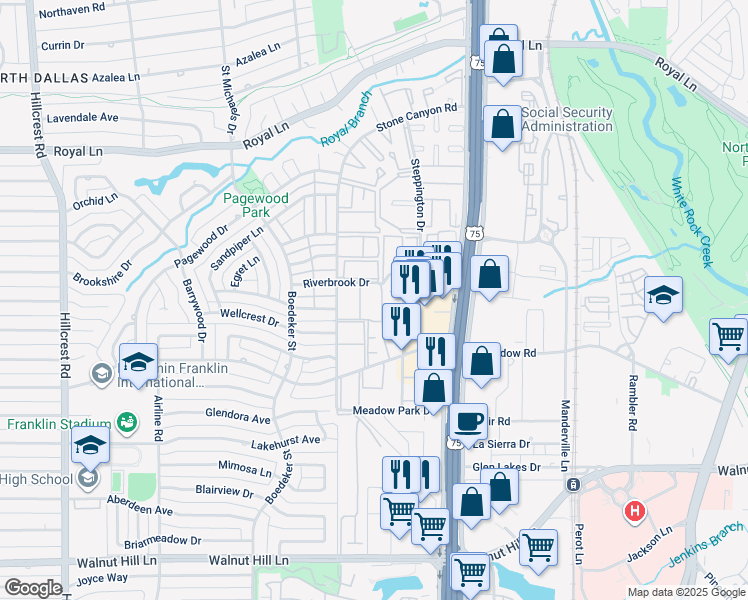map of restaurants, bars, coffee shops, grocery stores, and more near 10530 High Hollows Drive in Dallas