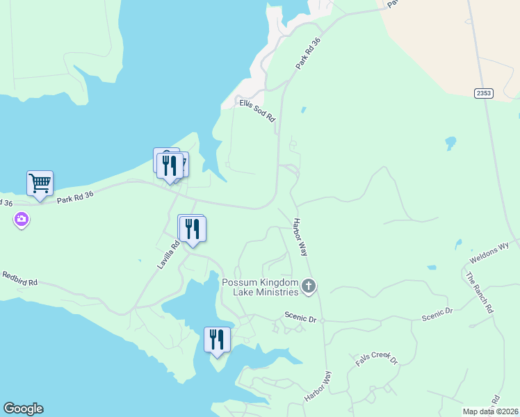 map of restaurants, bars, coffee shops, grocery stores, and more near 1677 Park Road 36 in Graford