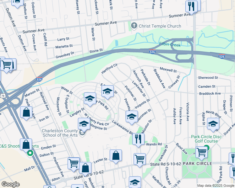 map of restaurants, bars, coffee shops, grocery stores, and more near 5294 East Dolphin Street in North Charleston