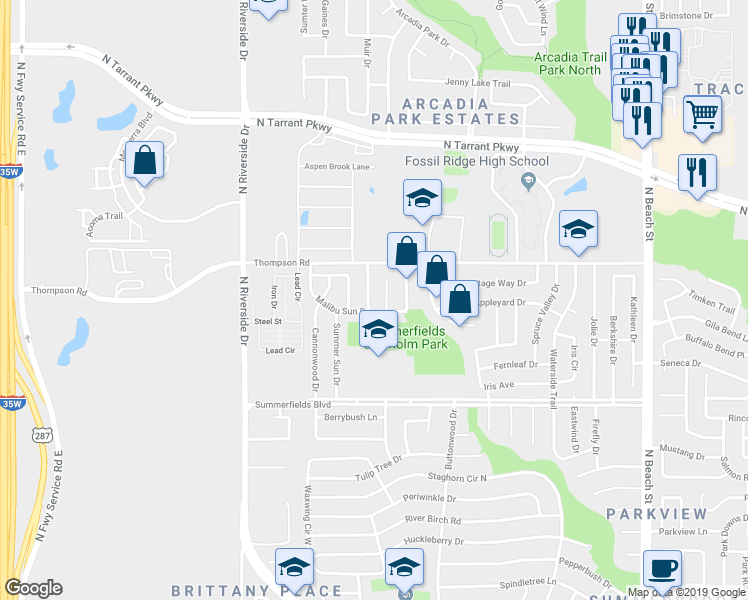 map of restaurants, bars, coffee shops, grocery stores, and more near 8104 Fox Chase Drive in Fort Worth