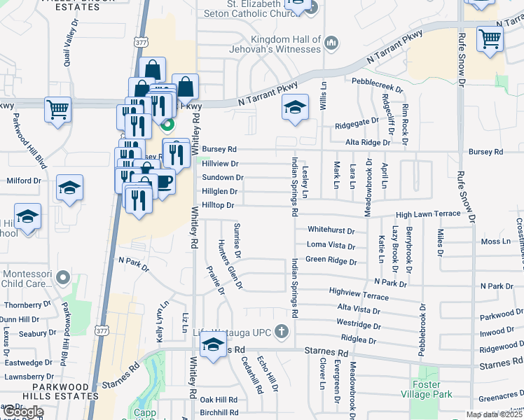 map of restaurants, bars, coffee shops, grocery stores, and more near 6016 Hilltop Drive in Watauga