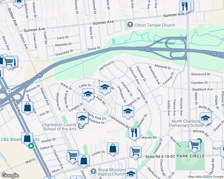 map of restaurants, bars, coffee shops, grocery stores, and more near 5294 East Dolphin Street in North Charleston