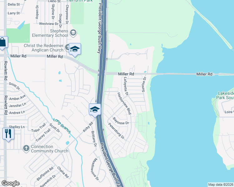 map of restaurants, bars, coffee shops, grocery stores, and more near 3010 Harborview Boulevard in Rowlett