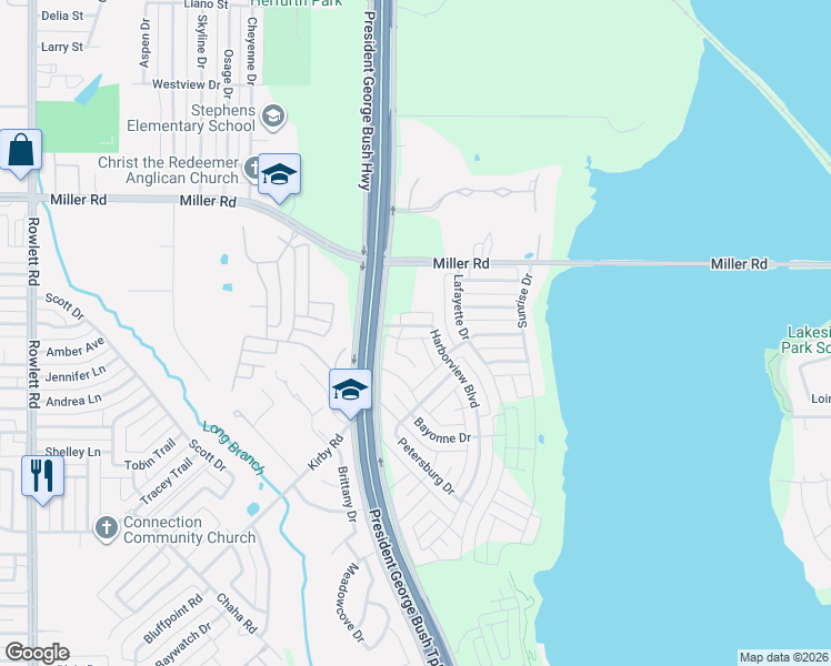 map of restaurants, bars, coffee shops, grocery stores, and more near 4905 Bayport Circle in Rowlett