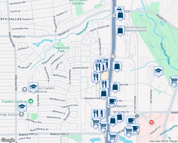 map of restaurants, bars, coffee shops, grocery stores, and more near 10530 High Hollows Drive in Dallas