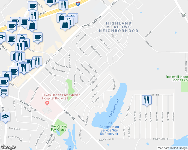 map of restaurants, bars, coffee shops, grocery stores, and more near 108 Magnolia Lane in Rockwall