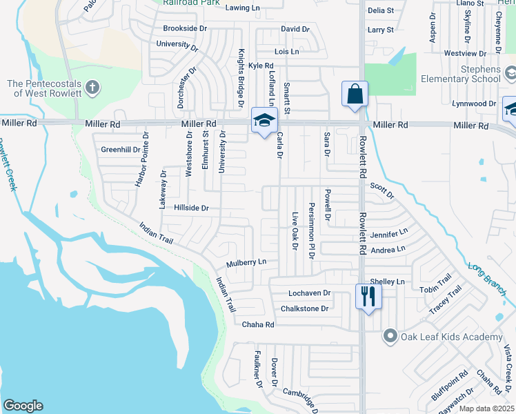 map of restaurants, bars, coffee shops, grocery stores, and more near 3013 Bois D' Arc Lane in Rowlett