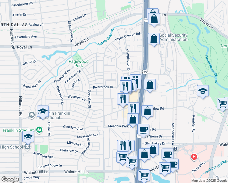 map of restaurants, bars, coffee shops, grocery stores, and more near 10530 High Hollows Drive in Dallas