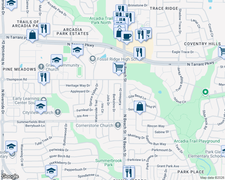 map of restaurants, bars, coffee shops, grocery stores, and more near 8121 Berkshire Drive in Fort Worth