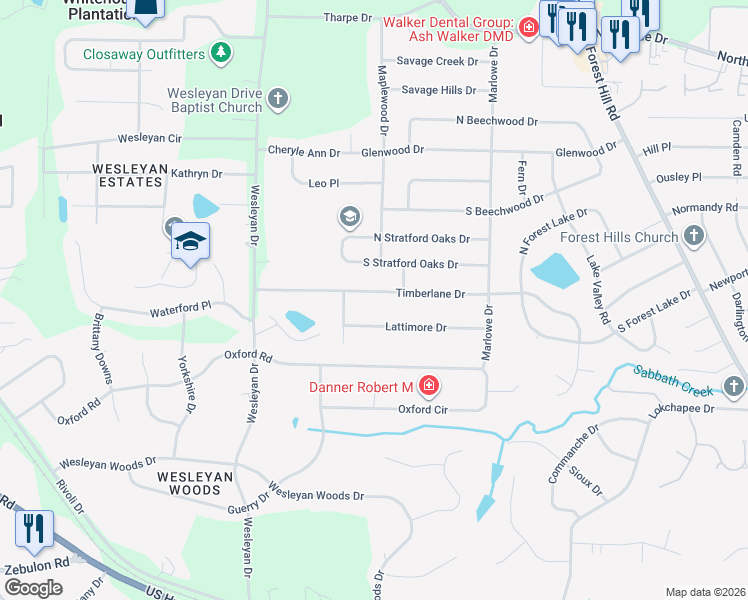 map of restaurants, bars, coffee shops, grocery stores, and more near 4729 Lattimore Drive in Macon