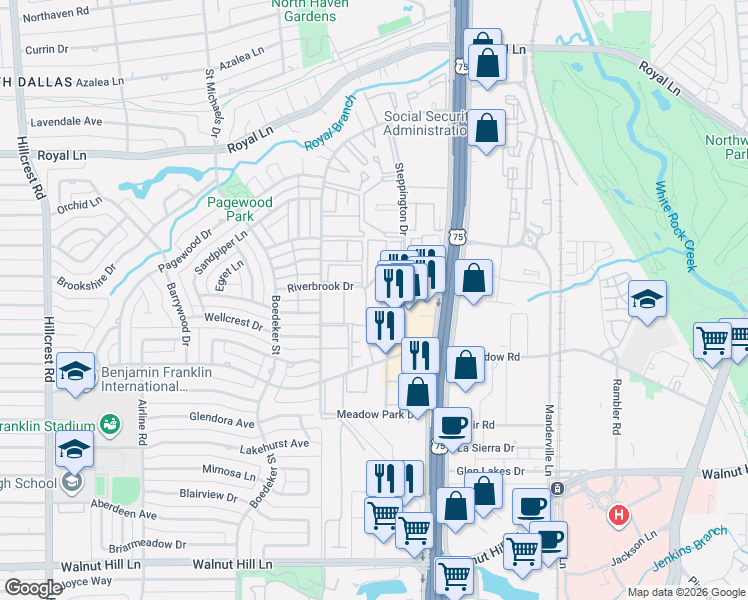 map of restaurants, bars, coffee shops, grocery stores, and more near 10588 High Hollows Drive in Dallas