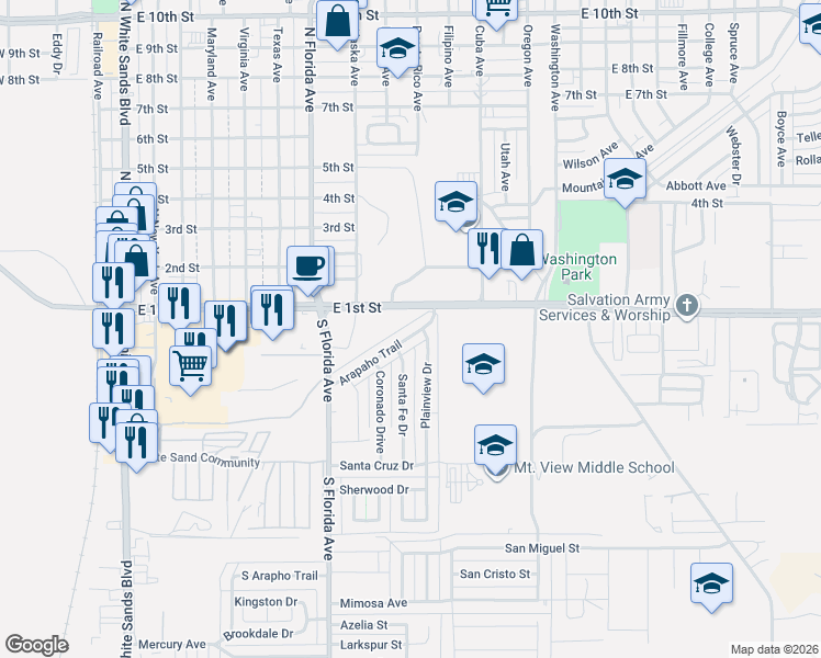map of restaurants, bars, coffee shops, grocery stores, and more near 919 Arapaho Trail in Alamogordo