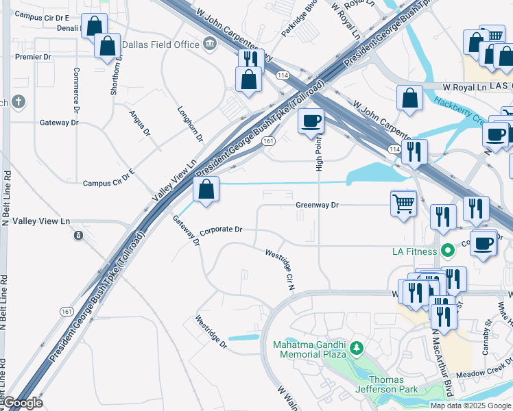 map of restaurants, bars, coffee shops, grocery stores, and more near 1431 Greenway Drive in Irving