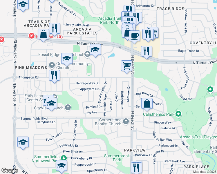map of restaurants, bars, coffee shops, grocery stores, and more near 8167 Waterside Trail in Fort Worth