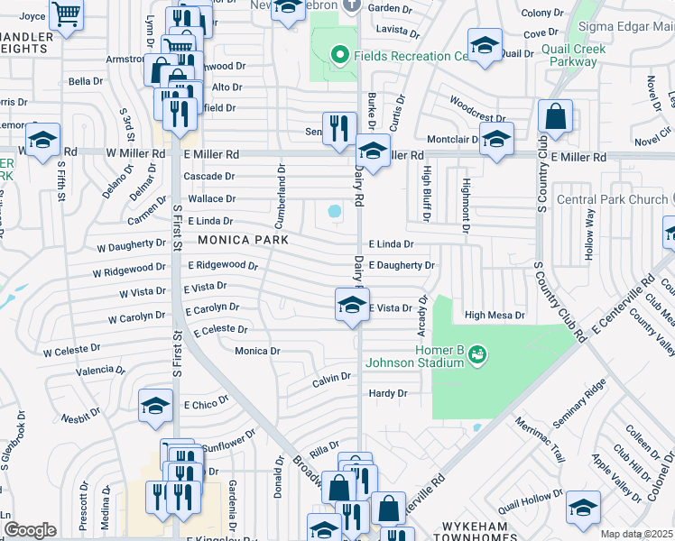 map of restaurants, bars, coffee shops, grocery stores, and more near 727 East Ridgewood Drive in Garland