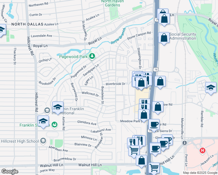 map of restaurants, bars, coffee shops, grocery stores, and more near 7614 Woodthrush Drive in Dallas