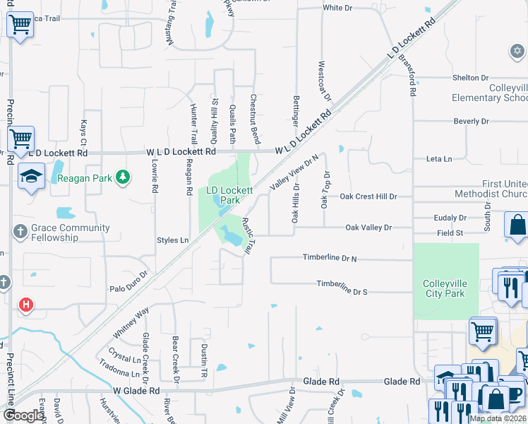 map of restaurants, bars, coffee shops, grocery stores, and more near 5500 Valley View Drive West in Colleyville