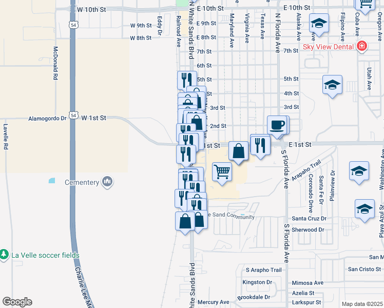 map of restaurants, bars, coffee shops, grocery stores, and more near 119 S White Sands Blvd in Alamogordo