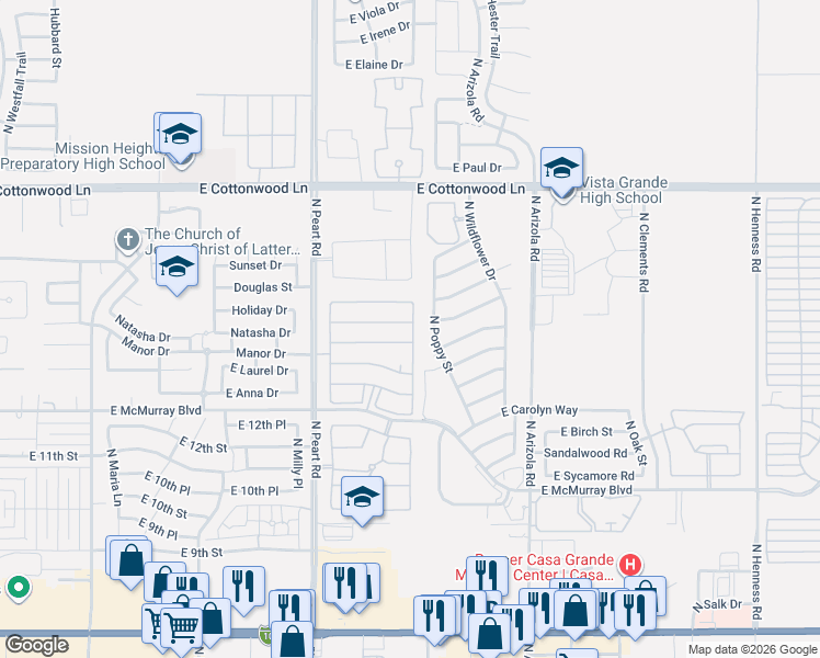 map of restaurants, bars, coffee shops, grocery stores, and more near 1458 North Desert Willow Street in Casa Grande