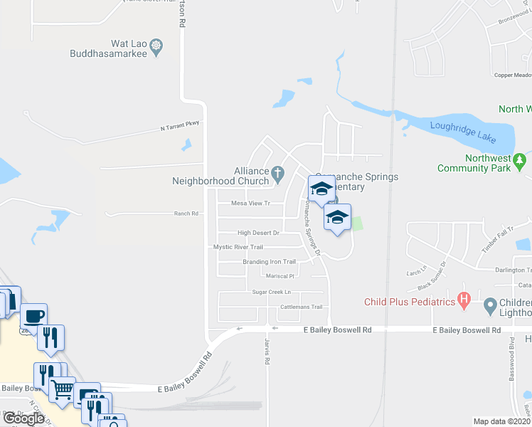 map of restaurants, bars, coffee shops, grocery stores, and more near 416 Cold Mountain Trail in Fort Worth