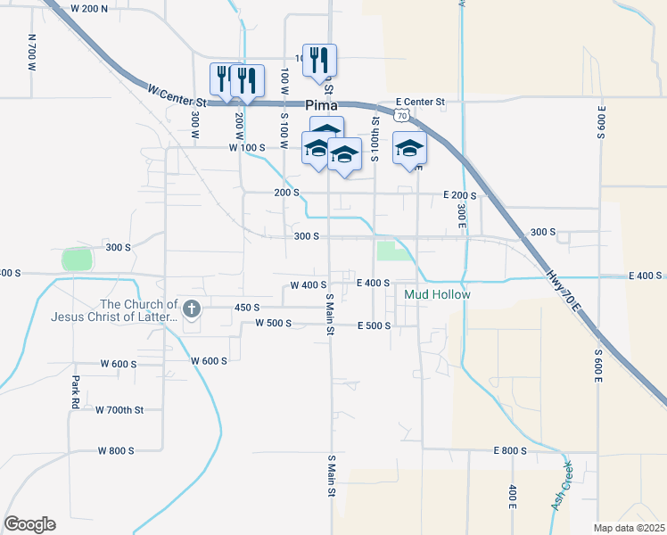 map of restaurants, bars, coffee shops, grocery stores, and more near 1-99 West 400 South in Pima