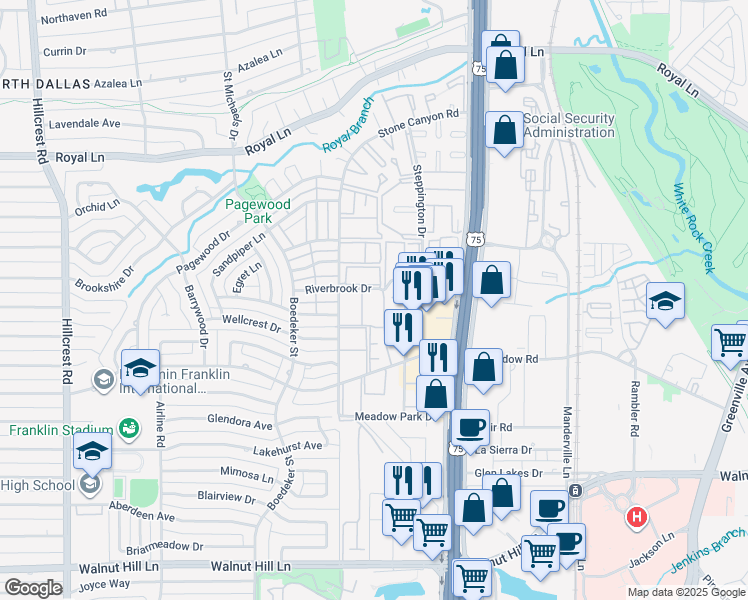 map of restaurants, bars, coffee shops, grocery stores, and more near 10530 High Hollows Drive in Dallas