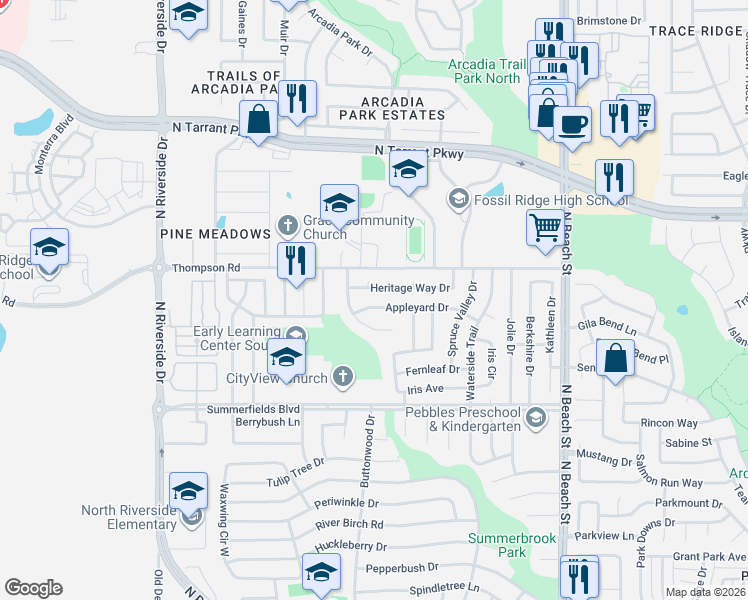 map of restaurants, bars, coffee shops, grocery stores, and more near 4024 Appleyard Drive in Fort Worth